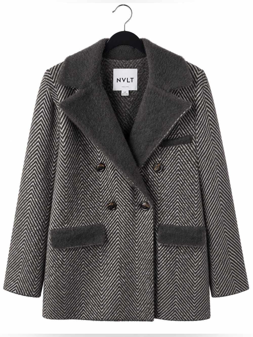 NVLT Brown Herringbone Double Breasted Coat Small Faux Fur Collar Preppy Classic